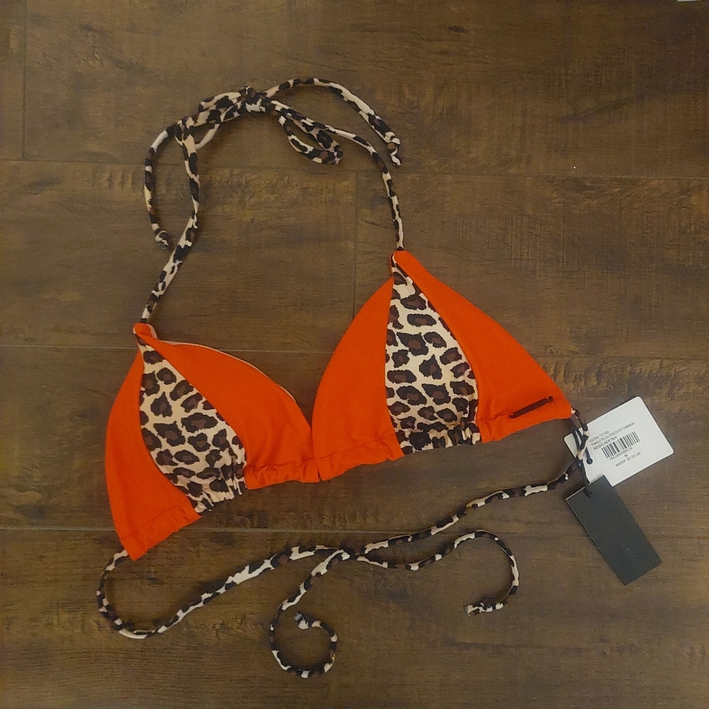 Kendall & Kylie Triangle Color Block Bikini Top Red Cheetah NWT Size Med…